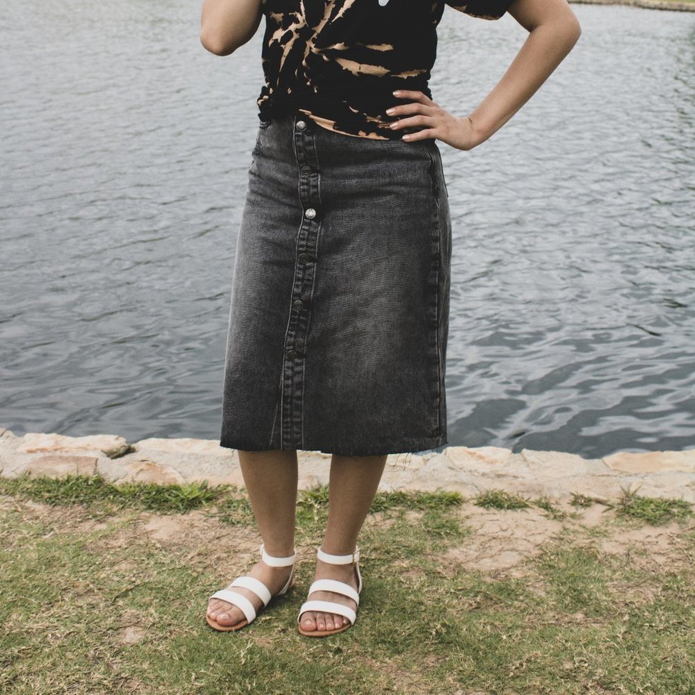 Gray Button Down Denim Skirt